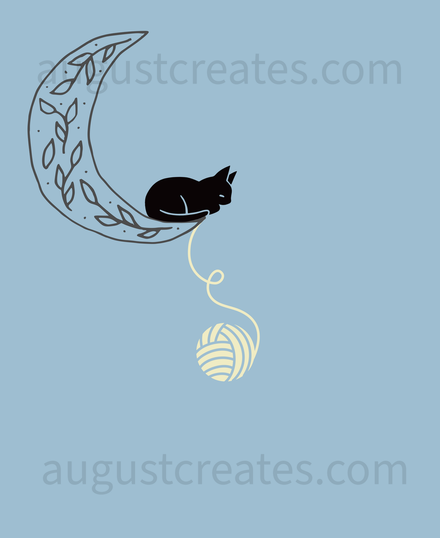 Onis the cat, pushing yarn off a crescent moon